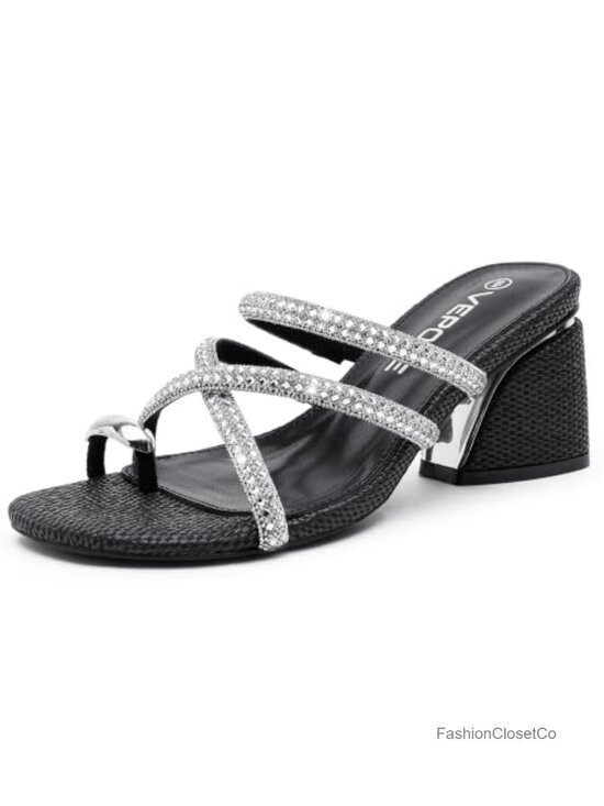 Shoes - Sparkly Rhinestone Strappy Block Heel Sandals Square Toe Slip On Comfortable 3